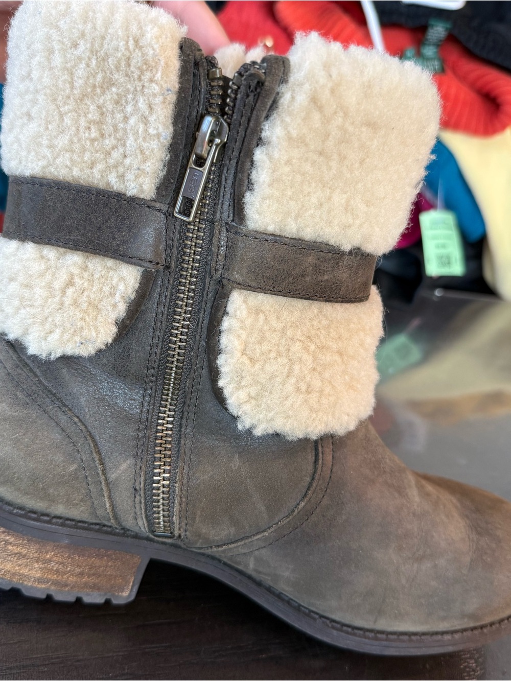 UGG Brown Suede Shearling Cuff Ankle Boots with Buckle - Picture 4 of 5